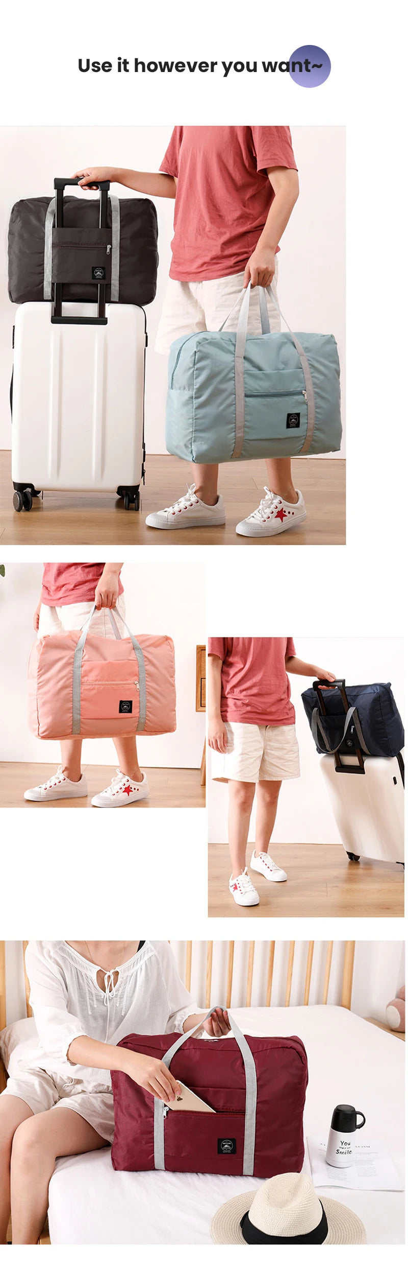 Foldable Travel Duffel Bag for Airlines Carry on Bag for Women